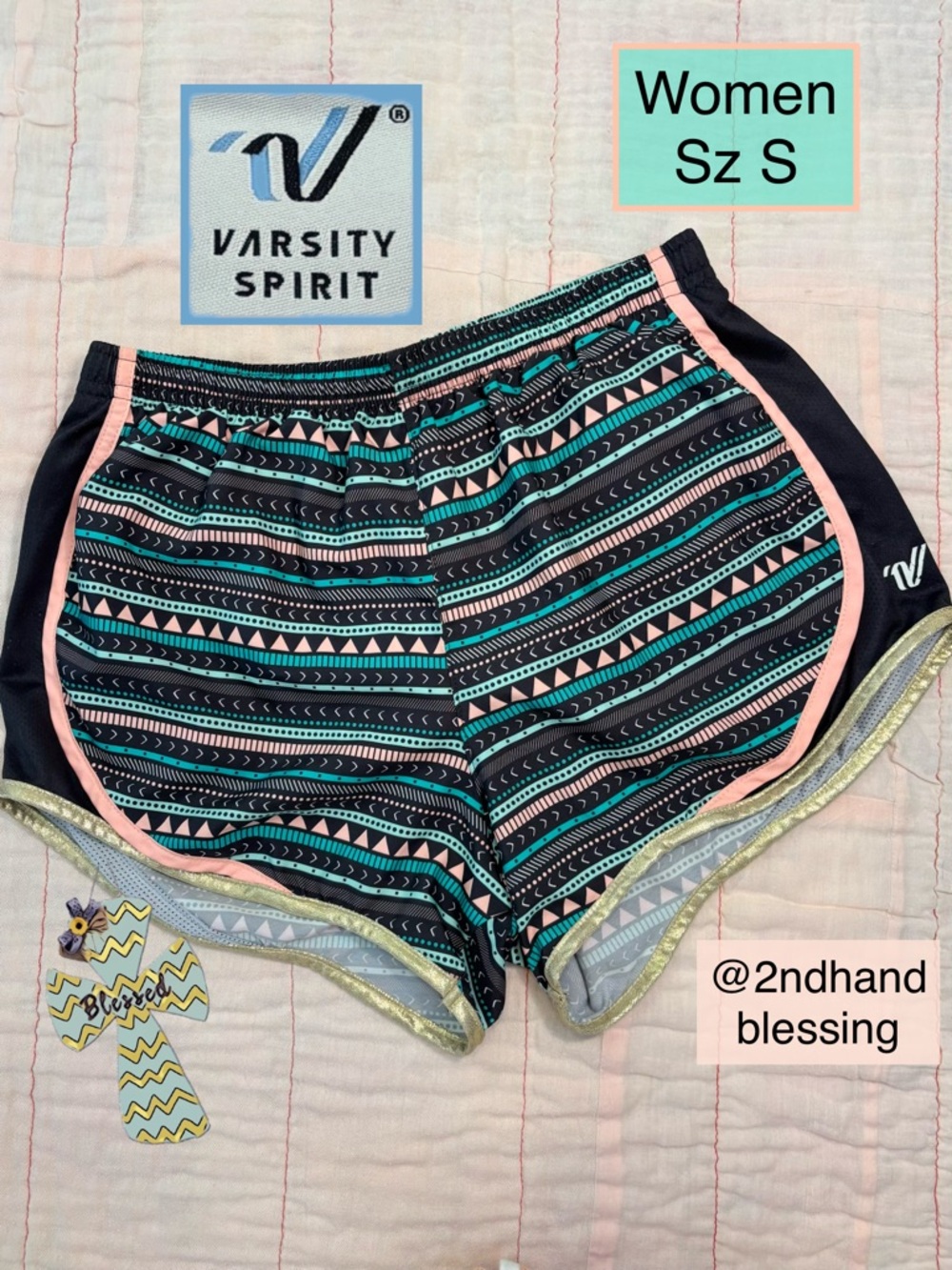 Varsity Spirit Cheer Shorts, Geo Shape Black Teal Pink, Gold Trim, Women Small
